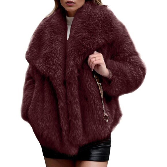 Womens Wine Red Faux Fur Coat Shaggy Fluffy Jacket Long Sleeve Winter Outwear - Picture 1 of 7